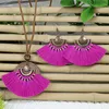 Necklace Earrings Set Bohemian Fan Shaped Cotton Tassel Jewelry For Women Vintage Wooden Round Pendant Long Rope Handmade