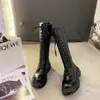 Stivali da moto da donna Zeppe Scarpe basse Donna Piattaforma con tacco alto Stivali in pelle PU Stringate Scarpe da donna Stivali neri per scarpe da ragazza 35-40