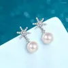Stud Earrings 925 Sterling Silver Snowflake Shape 8mm Natural Freshwater Pearl Small Mozanstone Two Wearing Fashion Jewelry