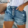 Damesshorts Mid-taille Single-breasted Splicing Denim Zomertrend Streetwear Vintage gebroken gaten Driekwart broekzak