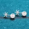 Stud Earrings 925 Sterling Silver Snowflake Shape 8mm Natural Freshwater Pearl Small Mozanstone Two Wearing Fashion Jewelry