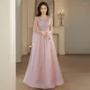 Partykleider Fancy Pink Prom mit Perlen Elegant V-Ausschnitt A-Linie bodenlang glänzende Pailletten-Tüll-Abendkleider zum Geburtstag