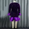 Casual Dresses Sexig paljett Purple for Women V Neck Full Sleeve Ruffles Kne Längd Elegant födelsedagsfest Middag Vestidos Mujer klänning