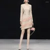 Casual Dresses Wool Patchwork Vintage Feather for Women 2023 Autumn Winter Elegant V-Neck Irregylar Woolen Dress Pink Vestidos