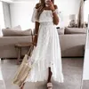 Casual Dresses Chic and Elegant White Bohemia Dress Women Summer Off Shoulder Lace Patchwork Spaghetti Strap Ruffle Maxi