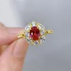 Pierścienie klastra Spring Qiaoer 18K Gold Plated 925 Sterling Silver 5 7 mm Oval Lab Ruby Wysokowy Diamentowy Diamentowy Pierścień biżuterii dla kobiet