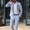 Men's Suits Sky Blue Linen Beach Men Summer 2 Piece Slim Fit Groom Tuxedo For Wedding Male Jacket With Pants2429