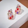 Pendientes de tuerca Colección de diseñador para mujer, incrustaciones de circonita cúbica de colores, chapado en oro, Clip de oreja de flor, joyería de alta gama