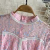 Casual Kleider Frühling Herbst Rosa Druck Knielangen Spitzenkleid Frauen Elegante Lange Hülse Dünne Patchwork Kleidung