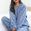 Women's Sleepwear Women Fleece Pajamas Set Winter Solid Velvet 2 Piece Pant Home Suit Fluffy Casual Warm O-neck Night Wear 2023