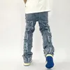 Herr jeans 2023 retro hål rippade nödställda män staplade tvätt harajuku stil hiphop löst denimtrousers casual jean pants streetwear