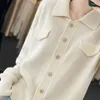 Malhas femininas outono/inverno lã cardigan polo botão suéter de cor sólida resistente ao frio roupas blusa de alto luxo