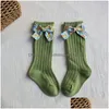 Autre Accueil Textile Bowknot Filles Chaussettes Fleur Bows Bébé Princesse Chaussette Genou Long Doux Dépouillé Enfants Footsocks Vêtements Drop Deliv DH94Y