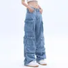 Women's Jeans Pocket Solid Color Overalls Jean's Y2K Street Retro Loose Wide-Leg Overalls Couple Casual Joker Mopping Jeans Pant 230831