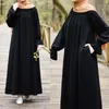 Etnische kleding mode chiffon moslim abaya herfst lange mouw dragen met zakken femme jurk islamitisch voor vrouwen kaftans effen