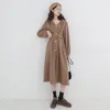 Vestidos casuais mangas compridas outono inverno japonês estilo retro com decote em v vestido de cintura alta vintage coreano roupas femininas elegantes