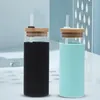 Water Bottles 500ml Wooden Lid Glass Straw Cup Insulated Silicone Sleeve Heat-resistant
