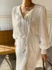 Sıradan Elbiseler Çingene Elegant Şık Fransız Maksi Elbise Dobby Bahar Sonbahar Uzun Kollu Pamuk Beyaz İçi Boş Kadın Kadınlar Katmanlı Bayanlar