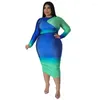 Plus Size Dresses L-5xl Women Clothing Fashion Gradient Printing Patchwork Long Sleeve Bodycon Sexy Clu 3xl 4xl 5xl 6xl