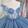 Sky Blue Shiny Sweetheart Off the Shoulder Quinceanera Dresses Ball Gown Floral Applique Tiered Sweet 16 Dresses Birthday Party Prom