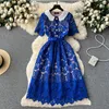 Casual Dresses Runway Designer Luxury Lace Party Dress Vintage Lapel Short Sleeve Belt Summer Dress Gold Button Hollow Out A-Line205i