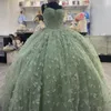 Sage Green Shiny Ballkleid Quinceanera Kleider Spaghetti Strap Schatz Perlen Bogen Brithday Dance Party Vestidos De Quinceanera