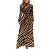 Casual Dresses Blue Tiger Print Dress Black Stripes Elegant Design Maxi High midja Långärmad snygg strand lång