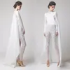 2022 tute di pizzo bianco abiti da ballo da donna con mantella perle maniche lunghe abito da sera pantaloni abiti formali moda Vestido De Fes264i