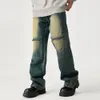 Mens Jeans streetwear tvättade blixtlåsfickor y2k baggy byxor män och kvinnor lapptäcke elastiska midja denim byxor överdimensionerade 230831