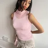 Женские танки Zabrina Summer Pink Pink Turtleneck Tops Tops Sleeveless Skinny плиссированный Y2K Vintage Off Plack Top Sexy Streetwear Club