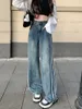 Damesjeans Vintage Gestreepte Hoge Taille Street Style Blauwe Rechte Broek Koreaanse Mode Wijde Pijpen Baggy Y2K Denim Broek