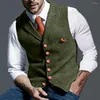 Men's Jackets Suit Vest V Neck Wool Herringbone Tweed Casual Waistcoat Formal Business Groomman For Green