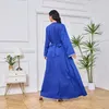 Roupas étnicas Azul Bordado Jalabya Árabe Vestido Mulheres Noite Mangas Compridas Abaya Dubai 2 Pcs Define Muçulmano