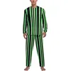 Herren-Nachtwäsche, Farbblock-Druck, Pyjama, Herbst, grüne Streifen, Zuhause, Herren, 2-teilig, benutzerdefiniertes Langarm-Kawaii-Set