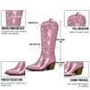 Botas Metálicas Botas de Cowboy Mulher Ocidental para Mulheres Zip Bordado Dedo Apontado Sapatos de Inverno Rosa Vermelho Ouro Metálico 230831