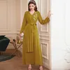 Abbigliamento etnico Abito Abaya Islam Giallo senape Ornamenti di diamanti cuciti a mano Veste Femme Musulmane Fiore pieghettato a maniche lunghe da donna