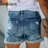 Damesshorts Mid-taille Single-breasted Splicing Denim Zomertrend Streetwear Vintage gebroken gaten Driekwart broekzak