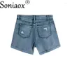 Damesshorts Mid-taille Single-breasted Splicing Denim Zomertrend Streetwear Vintage gebroken gaten Driekwart broekzak