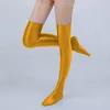 Meias femininas cetim brilhante bling sexy meias sobre o joelho suave coxa alta longa plus size