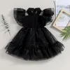 Vestidos de menina crianças meninas fantasia de halloween moda simples preto manga voadora gola virada para baixo vestido de princesa de malha casual roupas infantis