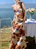 Robes décontractées Femmes Cravate Teint Impression Robe Été Français Vintage Peinture À L'huile Encre Col En V Dames Sexy Plage Robes