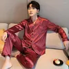 남자 잠자기 남자 pajama 세트 맨 셔츠에 대한 실크 새틴 긴 소매 파자마 남성 패션 부드러운 홈 나이트 착용 큰 크기 라운지웨어
