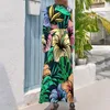 Vestidos casuais folhas de palmeira vestido tropical florais impressão elegante bohemia mulher manga longa alta pescoço kawaii maxi