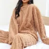 Women's Sleepwear Women Fleece Pajamas Set Winter Solid Velvet 2 Piece Pant Home Suit Fluffy Casual Warm O-neck Night Wear 2023