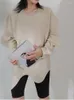 여성용 후드 chicever 한국 미니멀리스트 스웨터 셔츠 여성 둥근 목이 긴 소매 불규칙한 밑단 단단한 풀오버 스웨터 셔츠