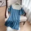 Plus Size Dresses 160Kg Women's Bust 160 Summer Loose Short-Sleeved Doll Neck Denim Pleated Dress Blue 6XL 7XL 8XL 9XL 10XL