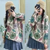 Kvinnors tröjor Autumn Art Vintage Woman Flowers Printed O-Neck Collar Loose Pullovers Casual Knit Tops