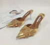 Sandaler Luxury Gold Floral Point Toe Sexiga tofflor Kvinnor Läderstilett High Heel Sandaler Evening Lady Crystal Shoes 230831