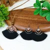 Necklace Earrings Set Bohemian Fan Shaped Cotton Tassel Jewelry For Women Vintage Wooden Round Pendant Long Rope Handmade