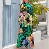 Vestidos casuais folhas de palmeira vestido tropical florais impressão elegante bohemia mulher manga longa alta pescoço kawaii maxi